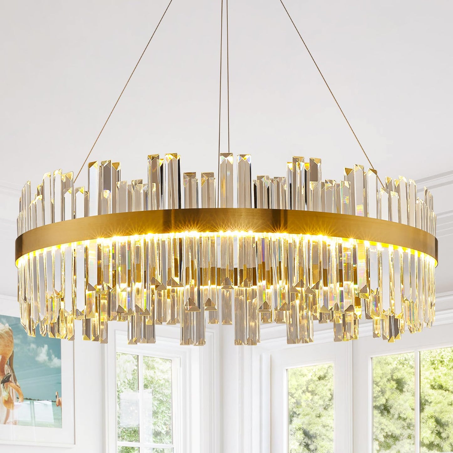 23.6" Dimmable Modern LED Crystal Chandeliers,Gold Chandelier Light Fixture, 3 Colors Contemporary Pendant Ceiling Light for Dining Room Living Room Kitchen Island Entryway Foyer ,With Remote Control
