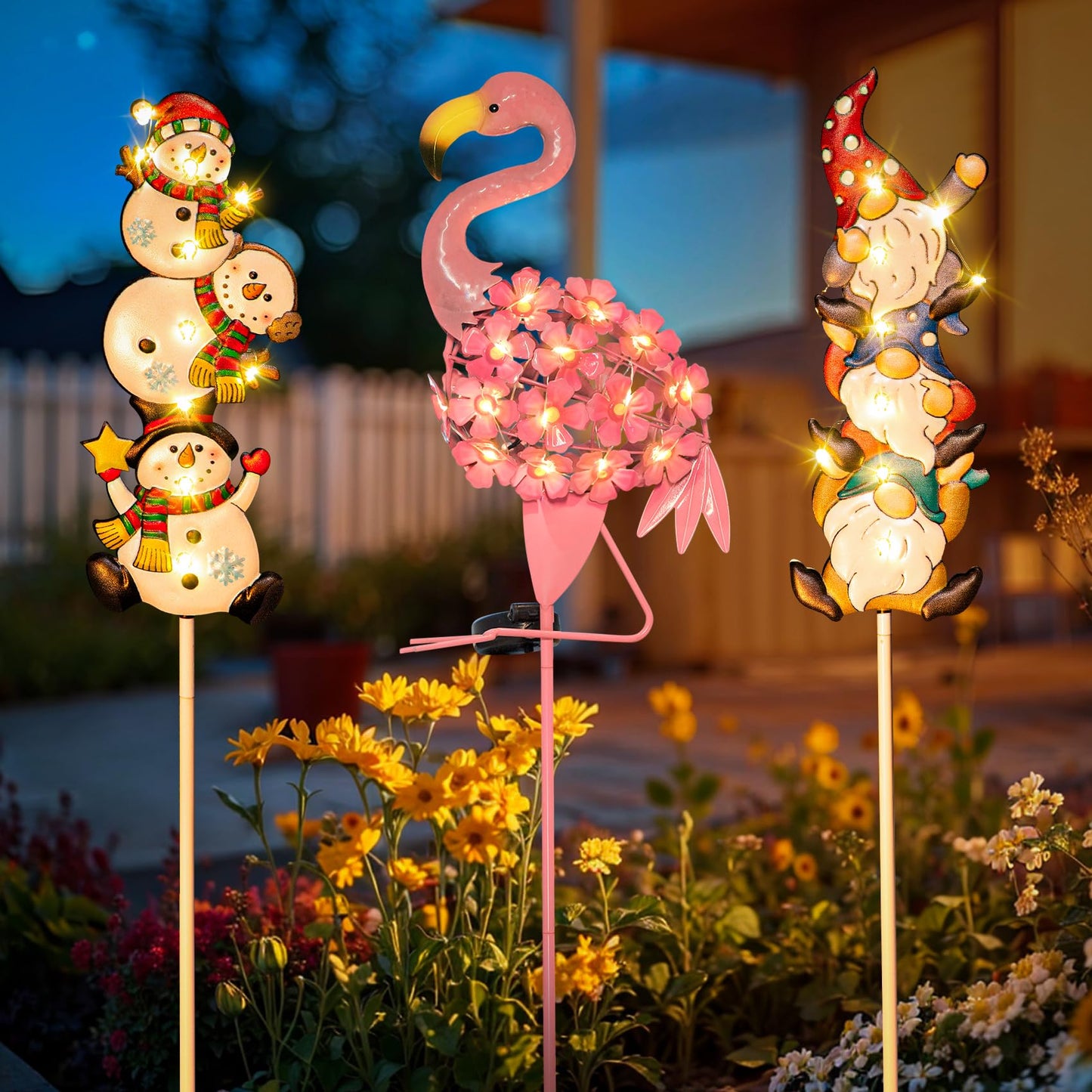 HOMEIMPRO 1Pack Flamingo Solar Lights, 2Pack Snowman Gnomes Christmas Decorations for Yard Patio Garden Gifts