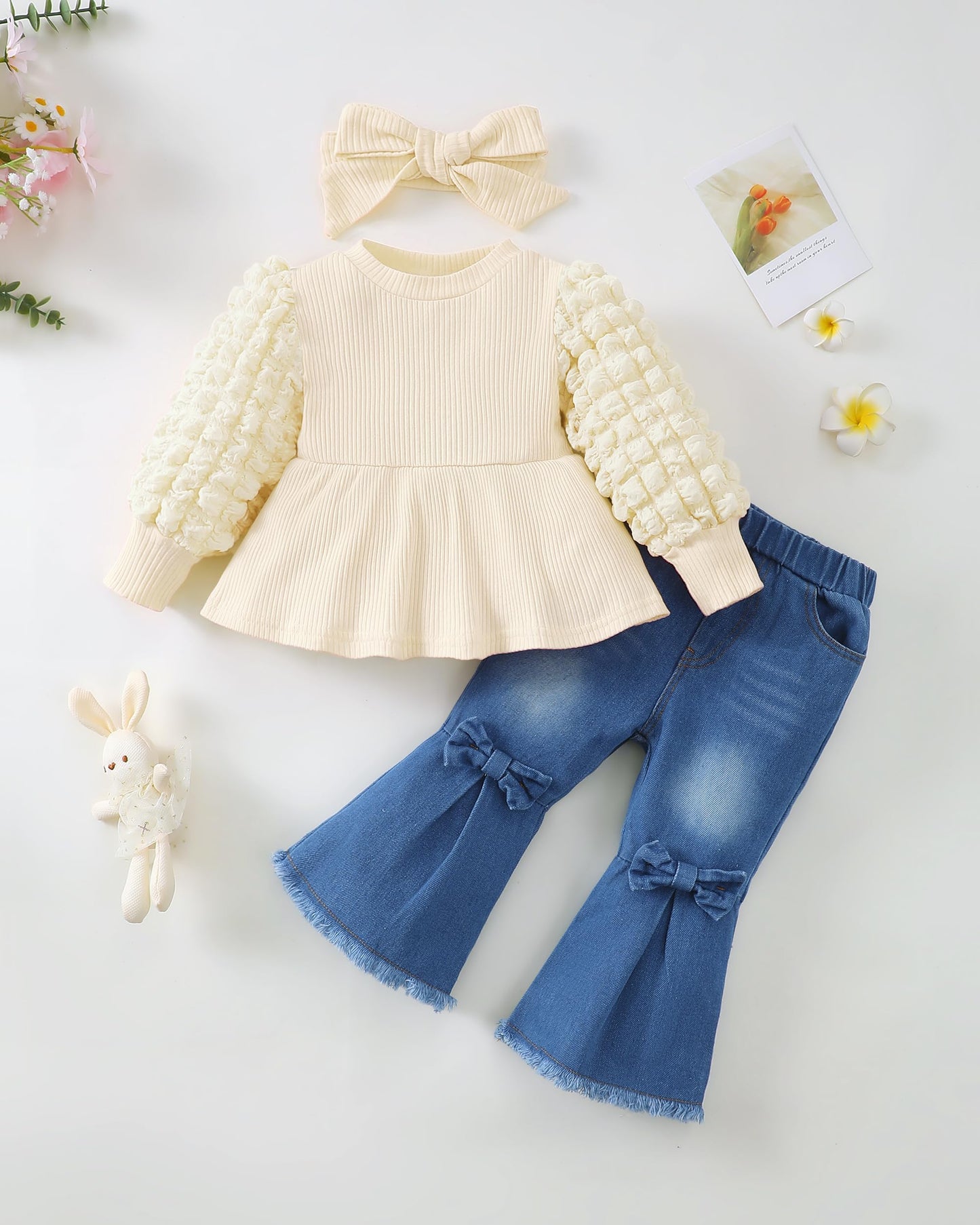 Renotemy Infant Baby Girl Clothes 12-18 Months Fall Winter Outfit for 1 Year Old Girl Gifts Puff Bubble Sleeve Knit Peplum Sweatshirt Flare Bell Bottom Jeans Matching Outfits Clothing Set Cream Yellow