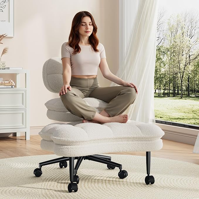 Ergonomic Cross Legged Office Chair, 360° Swivel Meditation Chair with Wheels, Kneeling Desk Chair with Height Adjustable Seat for ADHD,Relaxation, Home Office,Beige