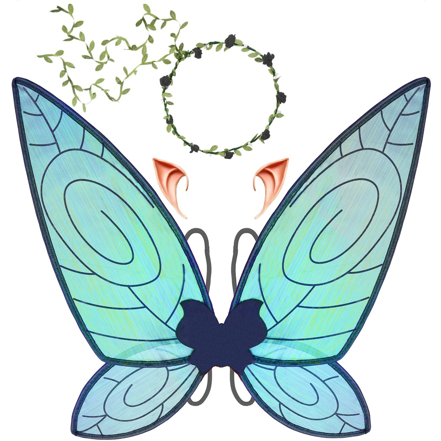 LOHZAQ Butterfly Fairy Wings Costume for Women Girl, Sparkle Princess Wing for Halloween Party Favor with Elf Ears Flower Crown (Black)