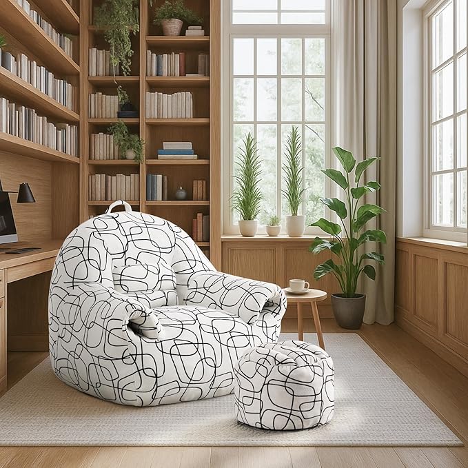 Peace nest Bean Bag Chair with Memory Foam Filled Ultra Soft Jacquard Pattern Cover for Adults Comfy Fur Bean Bag Chairs with Armrests Ottoman for Bedroom Living Room Office Dorm Reading Lines