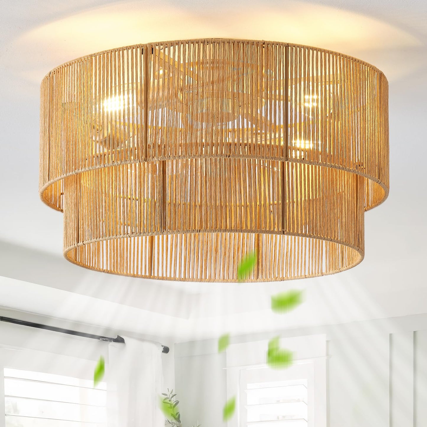 Sydacg Flush Mount Ceiling Fan With Lights Low Profile, 20 Rattan Boho Ceiling Fan With Light Remote Control, Bladeless Caged Wi