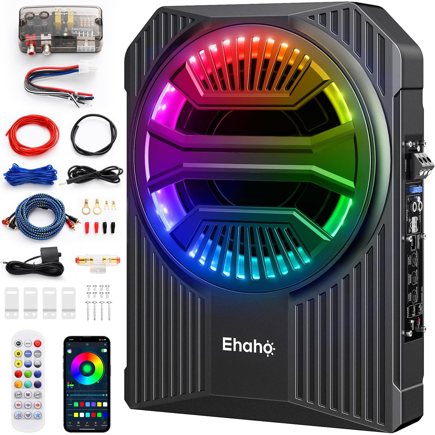 Ehaho 10" Slim Under Seat Subwoofer with AMP, RGB Lights, Aluminum, Black, Model P12, APP & Remote Control for Music Sync