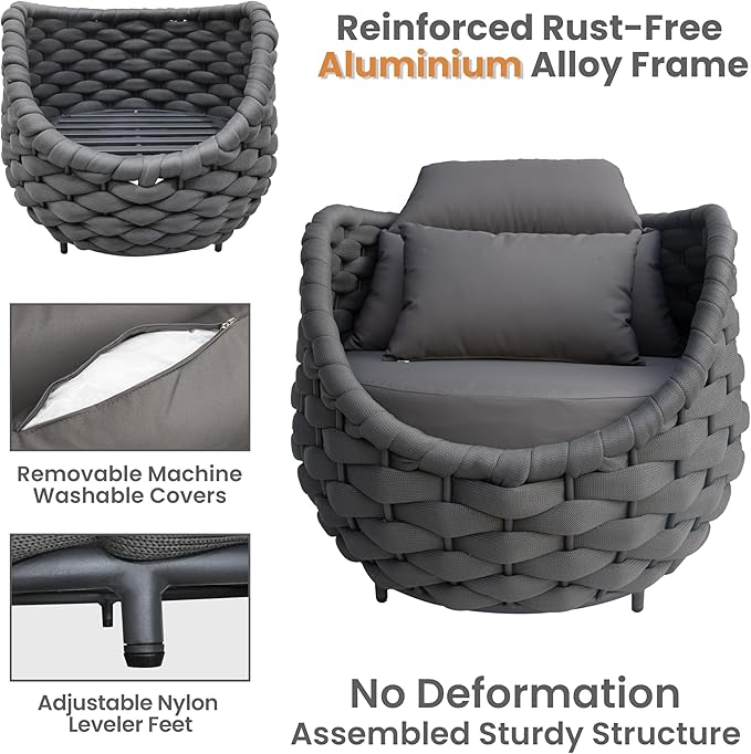 Erotr Front Porch Furniture Set 3 Piece: Aluminum Woven Rope Patio Conversation Sofa Set for 2 - Assembled Outdoor Couch Armchair Set Cushions - for 400lb Deck Balcony Pool Yard Hotel - Dark Gray