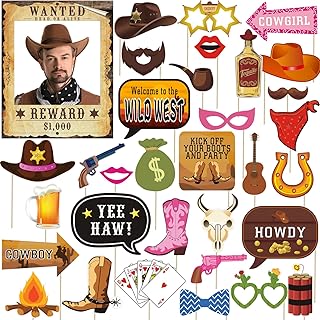 33pcs Western Cowboy Cowgirl Photo Booth Props, Wild West Themed Party Decoration, Texas Theme Props with Wanted Sign for ...
