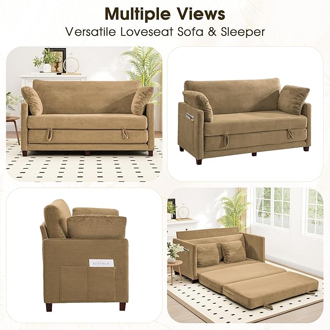 Myroyalsit 65" Convertible Loveseat Sofa Bed, 2-in-1 Folding Sofa Bed with 2 Pillow for Small Spaces, Modern Loveseat Sleeper Couch for Apartment, Living Room & Guest Room (Brown Corduroy, 65 inch)