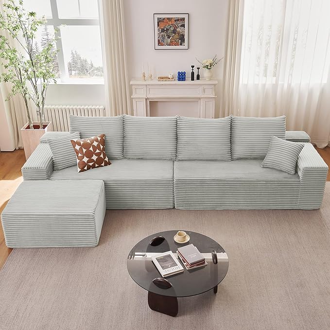 140" Sectional Cloud Couch for Living Room, Modular Floor Deep-Seat Sofa, Big Comfy Corduroy Couches Set with Fluffy Memory Foam, Stupendous L Shaped Sofas, No Assembly Required, Grey