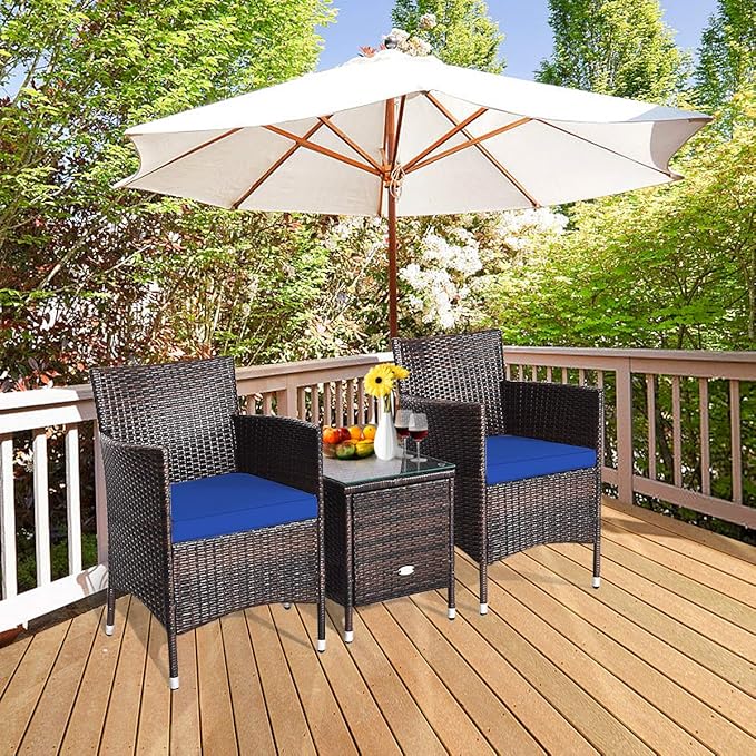 HAPPYGRILL 3 Piece Patio Furniture Set Outdoor Rattan Wicker Conversation Set with Coffee Table Chairs & Thick Cushions Bistro Sets for Patio Garden Lawn Backyard Pool