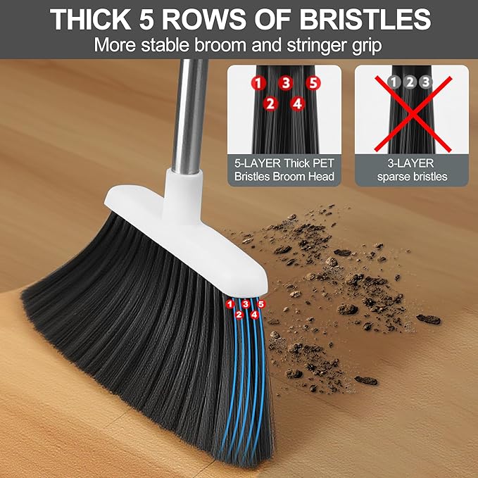 Broom and Dustpan Set, Broom with Dustpan Combo Set for Home 54-in Long Adjustable Handle Dustpan Teeth to Clean Hair for Home Office Kitchen Lobby