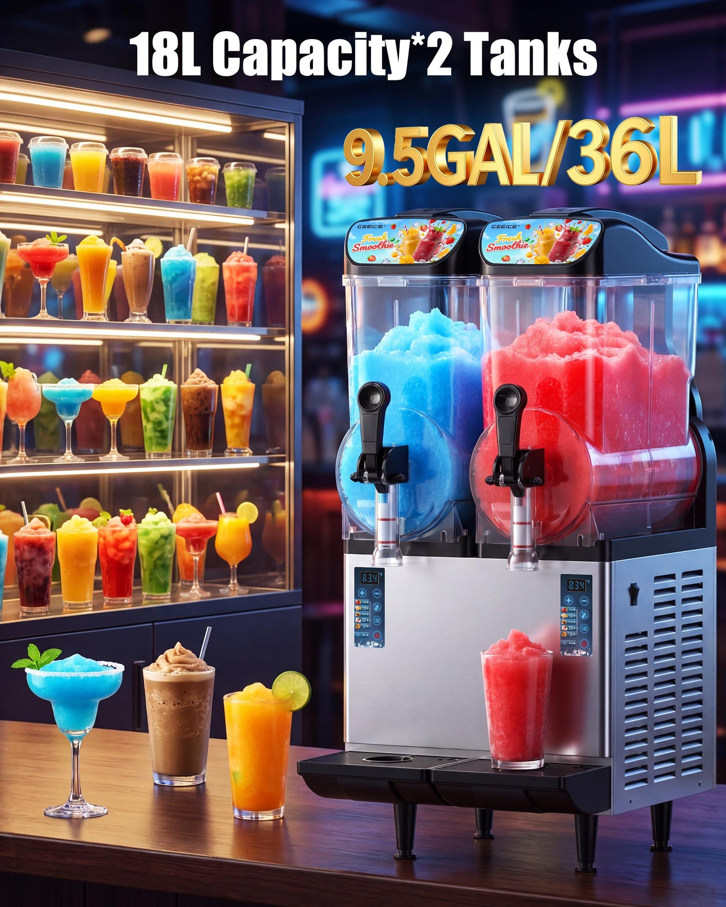GSEICE Commercial Slushy Machine 9.5Gal/36L, Margarita Slushie Drink Maker,5-in-1,Wine Daiquiri Frapper Dispenser for Restaurants, Bars,Cafe and Home Party