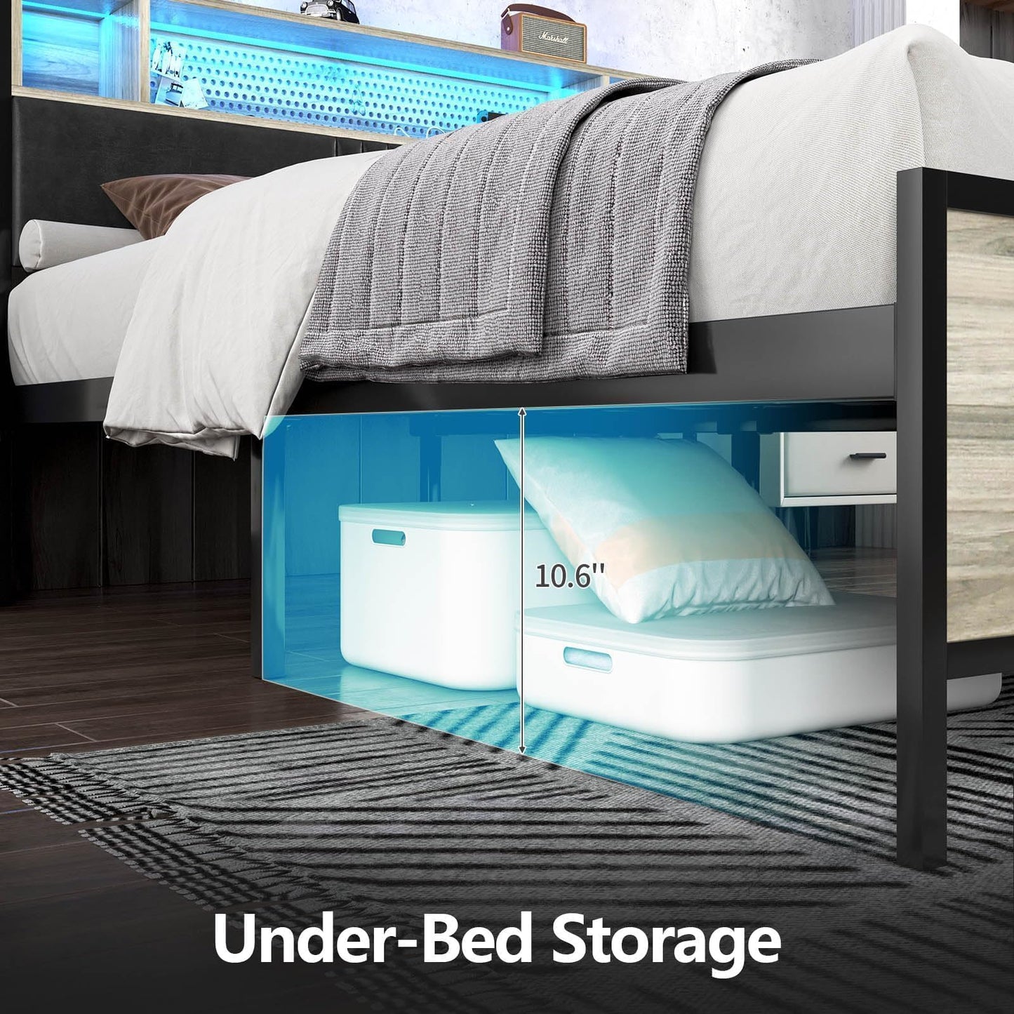Queen Bed Frame with LED Lights and Charging Station, Upholstered Platform Bed Frame Full with Storage, Strong Metal Slats Support, No Box Spring Needed, Noise-Free, Easy Assembly, Wash Grey