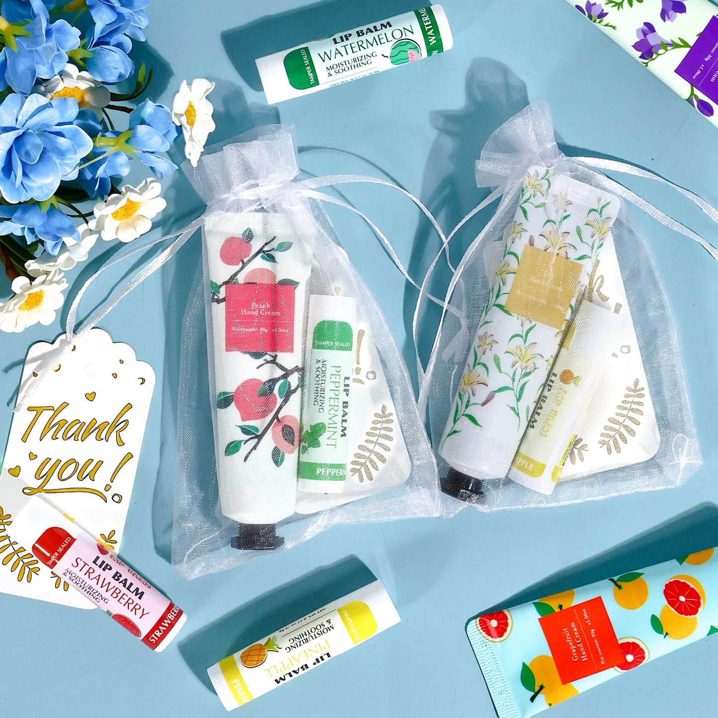 AZEN 24 Sets Bulk Gifts, Hand Cream and Lip Balm Bulk Set with Organza Bag Thank You Card, Baby Shower Wedding Gifts for Guests,