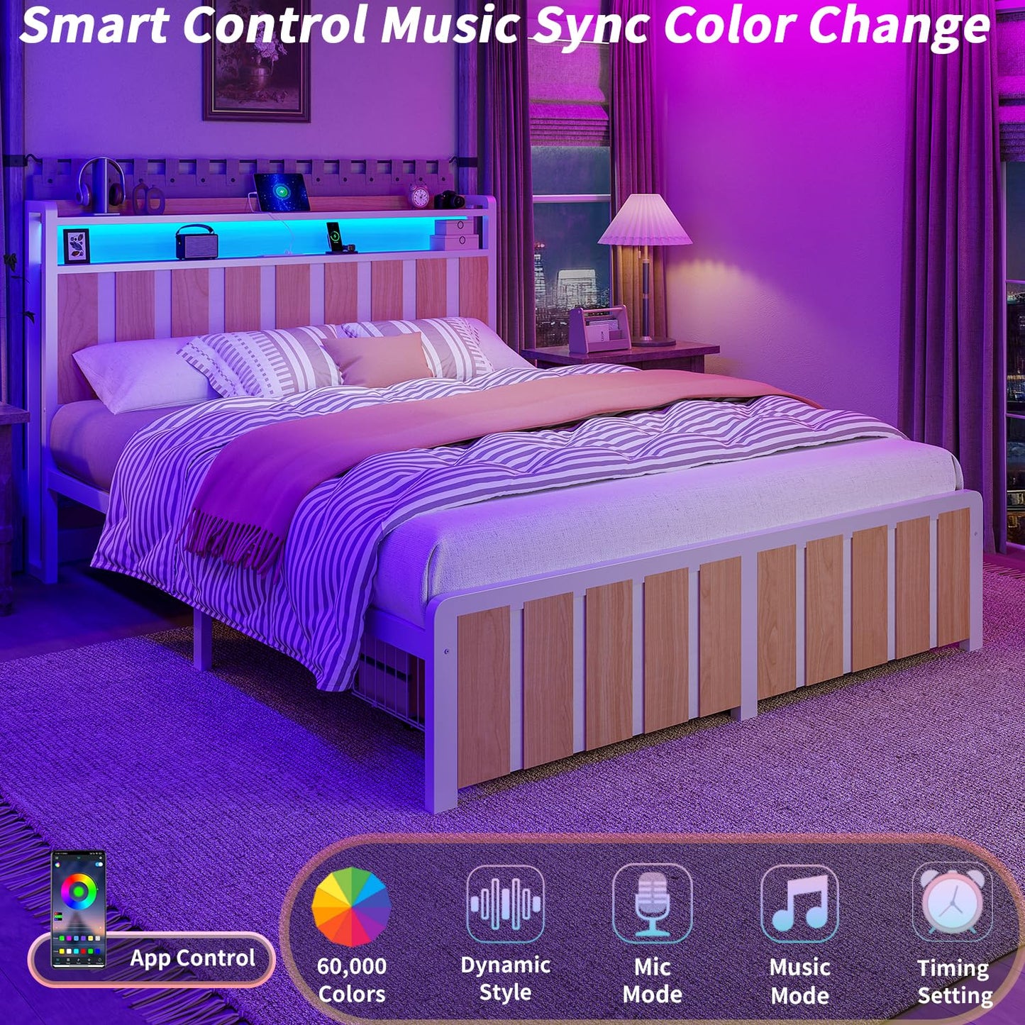 Queen Bed Frame with Storage Headboard & Dual Built-in Storage Drawers, Heavy Duty Platform Bed with 4-Device Charging Station and LED Lights, Noise-Free Design, No Box Spring Needed, White