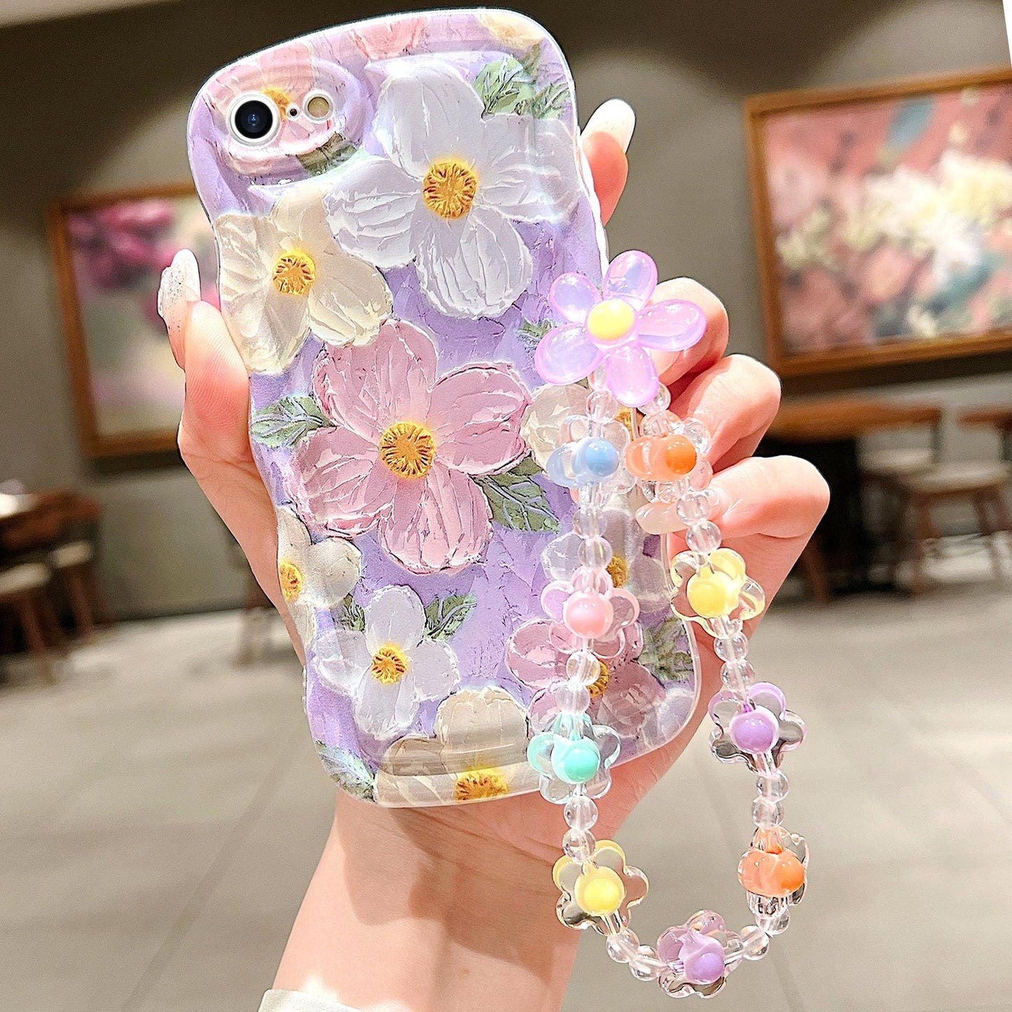 For Iphone Se Case 2022/2020 Iphone 8/7 Curly Wavy Case, Cute Colorful Retro Oil Painting Flower Glossy Pattern [With Bead Chain