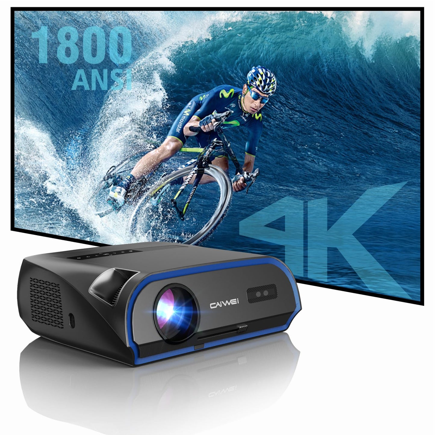 High Bright Projector 1800 ANSI Lumens, HDR10+, 4K Support, WiFi6 & Bluetooth, Smart Android TV with Apps, HDMI/ USB, for Daylight Viewing, Low Input Lag Gaming, Silent Bedroom, Wireless Presentation