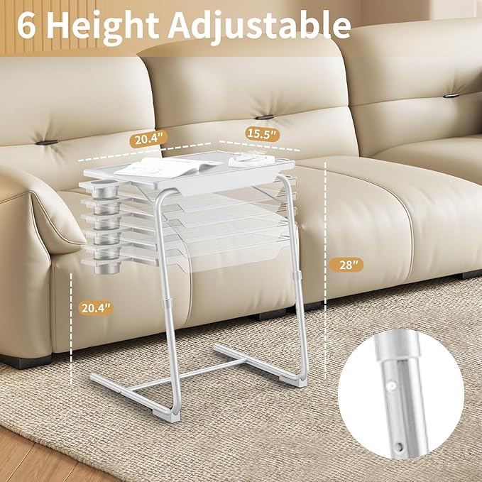 ZUCONKITCH Adjustable TV Tray Tables with 6 Height & 3 Tilt Angle, Folding TV Dinner Tray,TV Table with Cup Holder on Bed & Sofa (1 Pack, White)