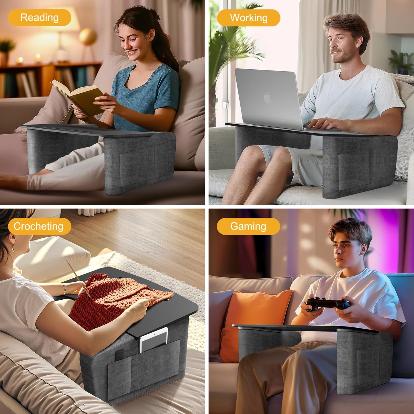 IKIKAKI Overbed Table with Tablet and Phone Slot, Over Bed Desk with Arm Rests, Bed Table for Eating and Laptop, Working, Writing in Bed Couch