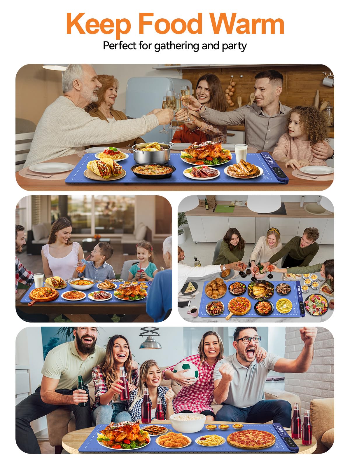 KLUCZ Food Warming Mat, Foldable Silicone Graphene Quickly Heating Food Warmer with 6 Adjustable Temperature and 6H Timer Function for Buffets Parties, Great Gift for Women Mother (XL-Blue)