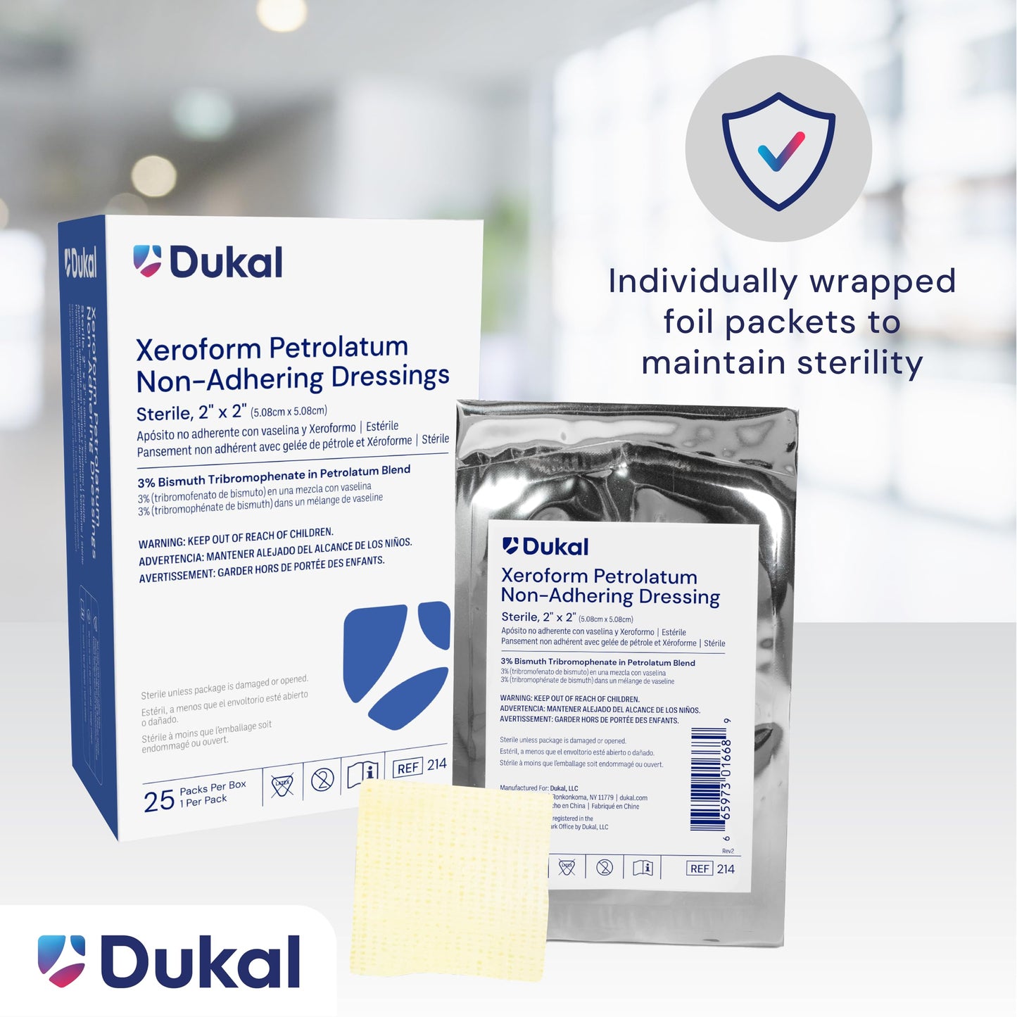 Dukal 214 Xeroform Petrolatum Gauze, Sterile, 2" W x 2" L (Pack of 25)
