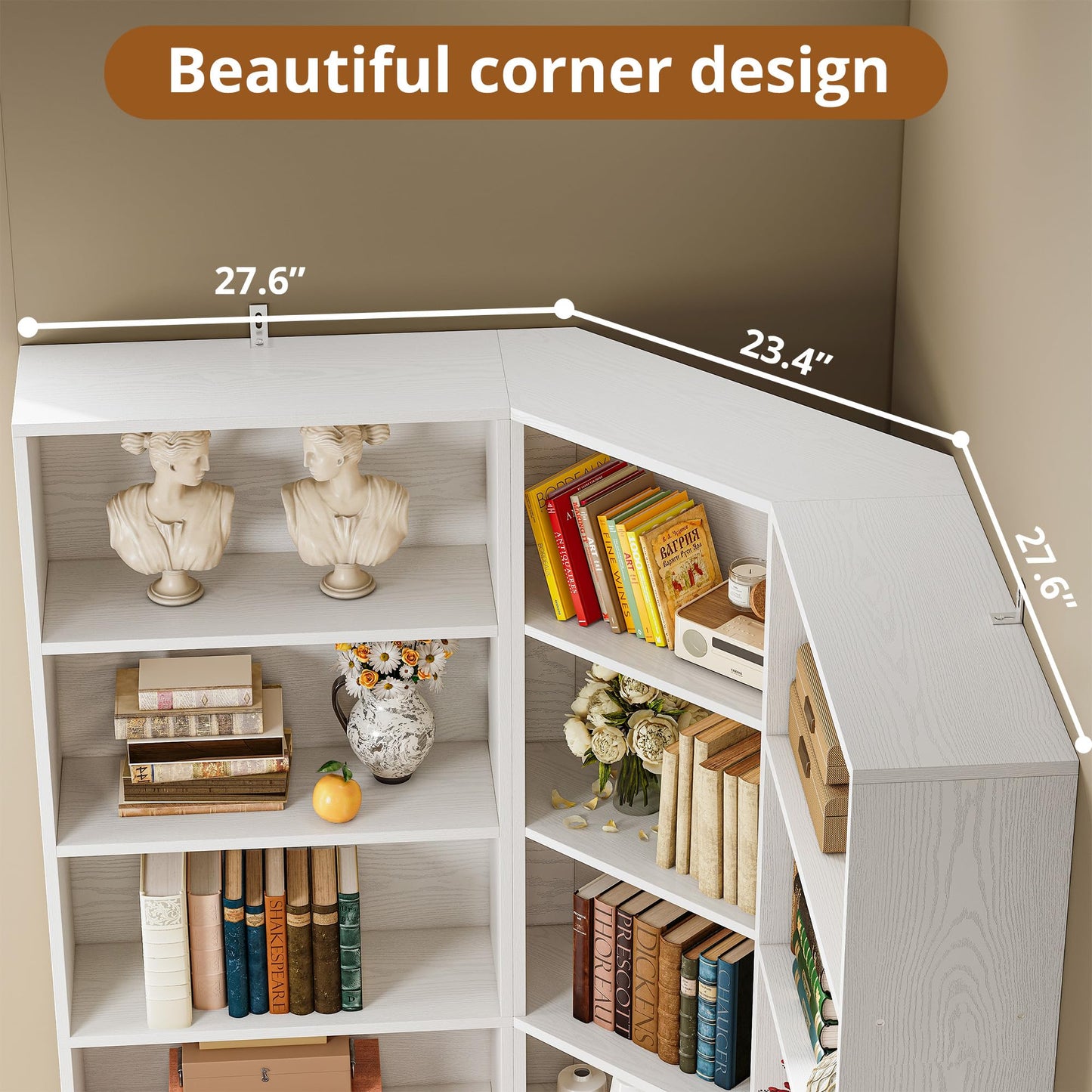 IRONCK Corner Bookshelf and Bookcase with 2 Storage Cabinets and 7 Tier Shelves, 71" Height Storage Shelves Corner Combination, White