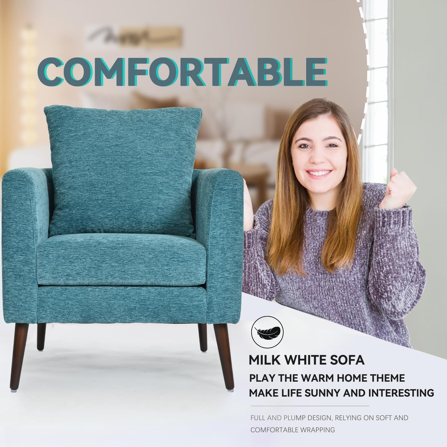 QKFF Barrel Accent Chair with Back Pillow, Large Upholstered Armchair with Solid Wood Legs Modern Reading Chairs for Living Room Bedroom
