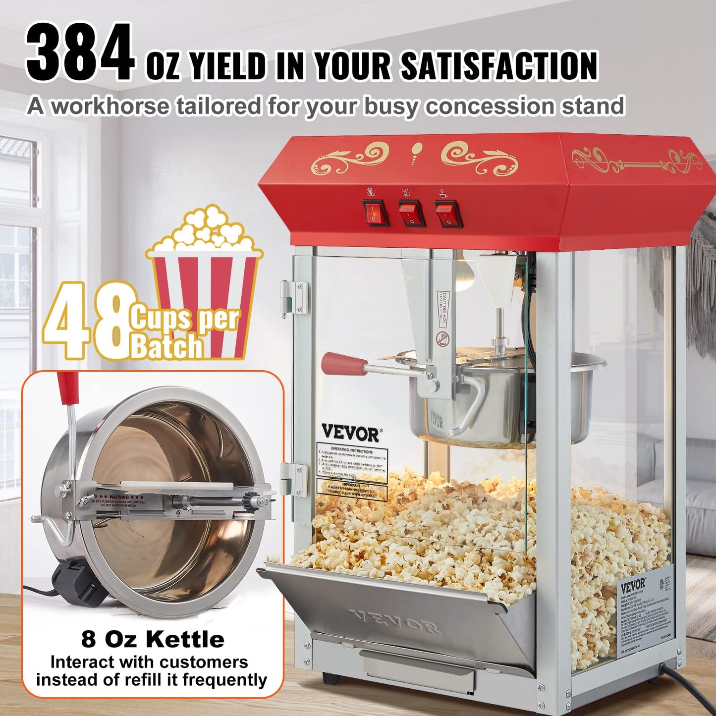 VEVOR Hot Dog Roller 7 Rollers 18 Hot Dogs Capacity 1050W Stainless Sausage Grill & Commercial Popcorn Machine, 8 Oz Kettle, 850 W Countertop Popcorn Maker for 48 Cups per Batch