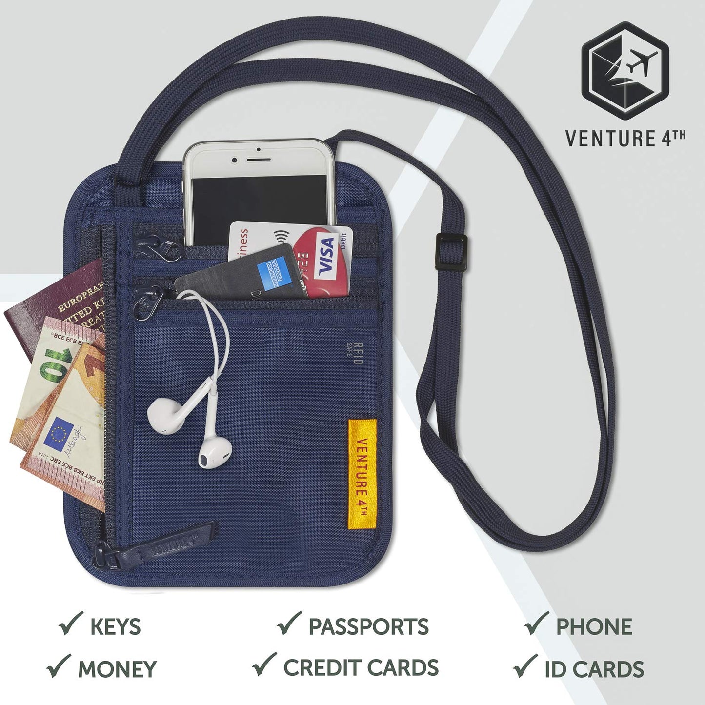 VENTURE 4TH Slim Passport Holder Neck Pouch with RFID Blocking Travel Neck Wallet and a Nylon Lining (Navy Blue))