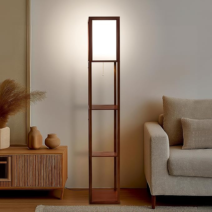 Brightech Maxwell - Modern Shelf Floor Lamp with Lamp Shade and LED Bulb - Corner Display Floor Lamps with Shelves for Living Room, Bedroom and Office - Havana Brown