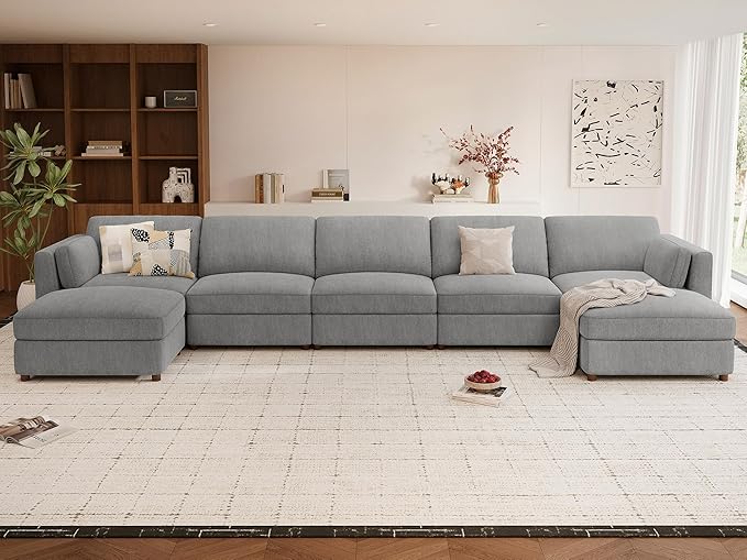 CUGOAO 188.7'' Modular Sectional Sofa, Oversized U-Shaped Sectional Couch with Ottoman, Deep Seat Chenille Cloud Couch, Mordern Upholstered Couches for Living Room, Apartment, Office, Grey