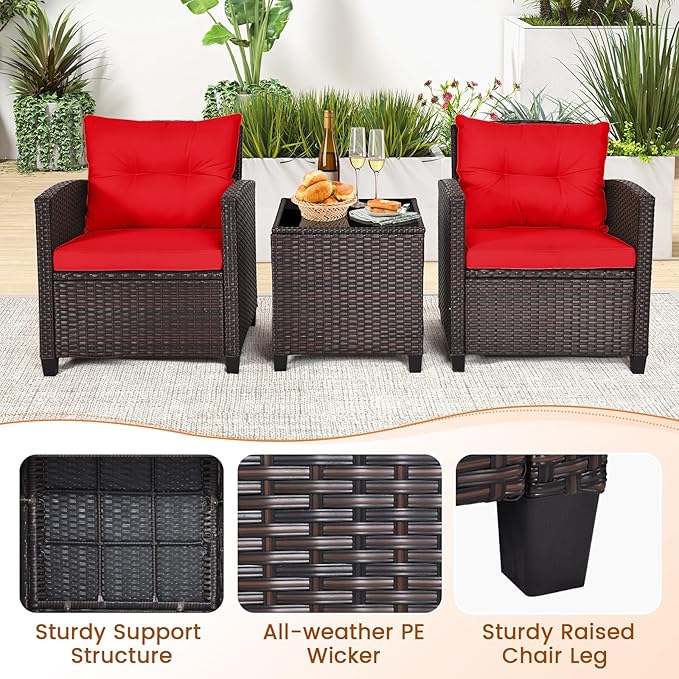 ORALNER 3 Pieces Patio Furniture Set, Outdoor Wicker Conversation Set Rattan Chairs with Cushions, Glass Coffee Table, Bistro Set for Front Porch Balcony Garden Deck Poolside (Red)