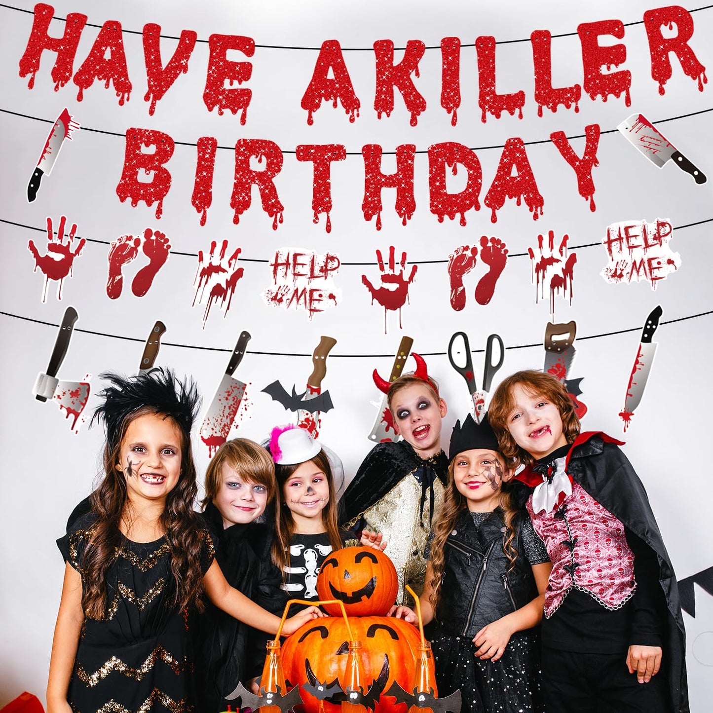 Gameza Halloween Birthday Party Decorations, 4PCS No-DIY Have a Killer Horror Birthday Banners Bloody Murder Supplies, Mystery Spooky Party Fake Knife Banners Decor