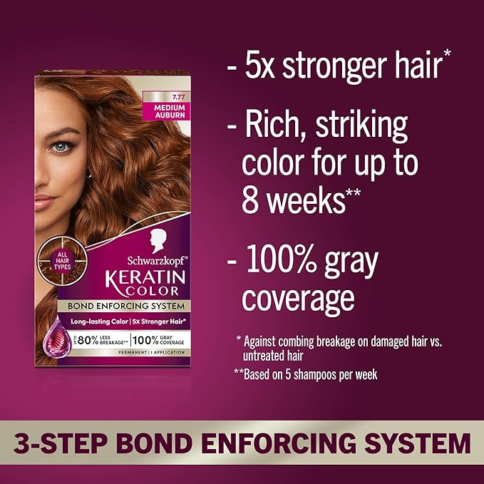 Schwarzkopf Keratin Permanent Hair Dye Cream, 7.7 Medium Auburn, Professional Quality Color for Up to 100% Gray Coverage, Bond Enforcing System