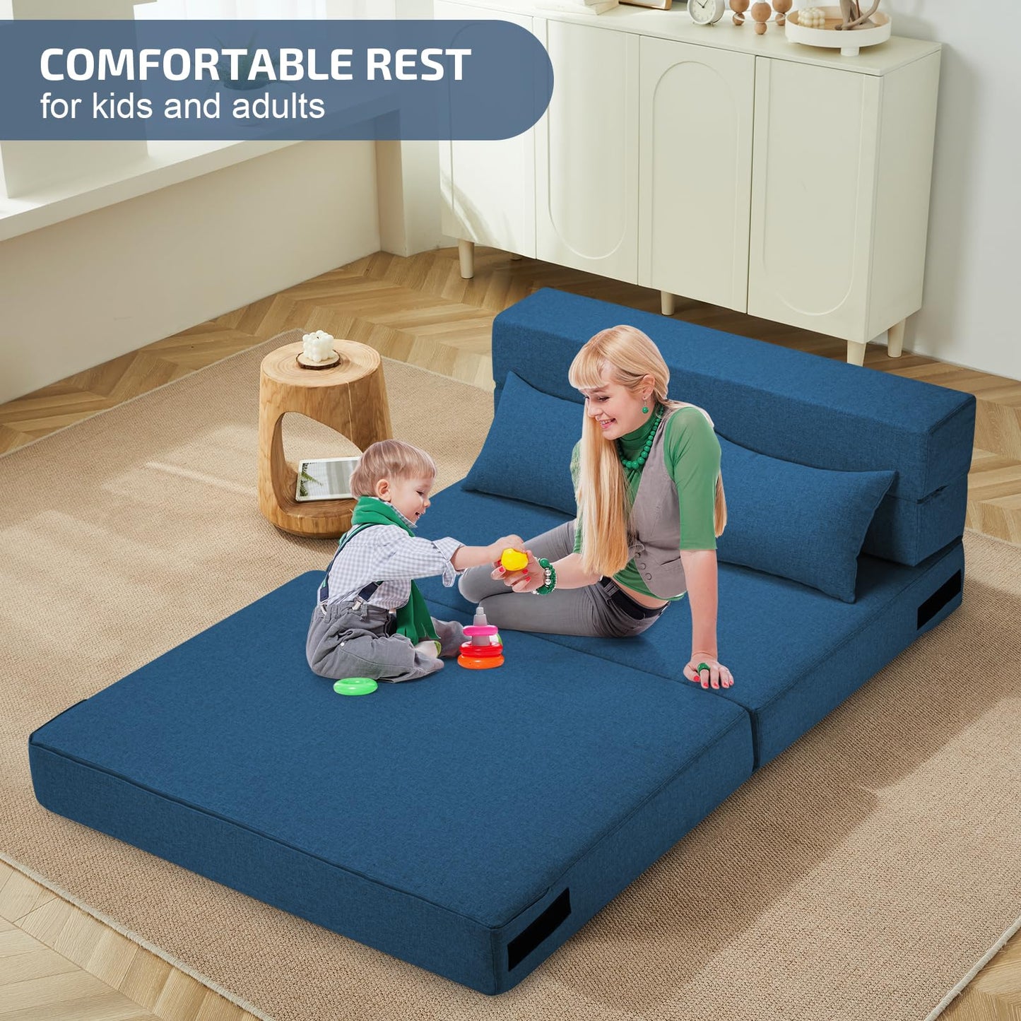 SUYOLS Folding Sofa Bed with Pillows- Convertible Chair Floor Couch & Sleeping Mattress, Foldable Memory Foam Sleeper for Living Room/Dorm/Guest Room/Home Office/Apartment/Loft, Twin, Navy Blue