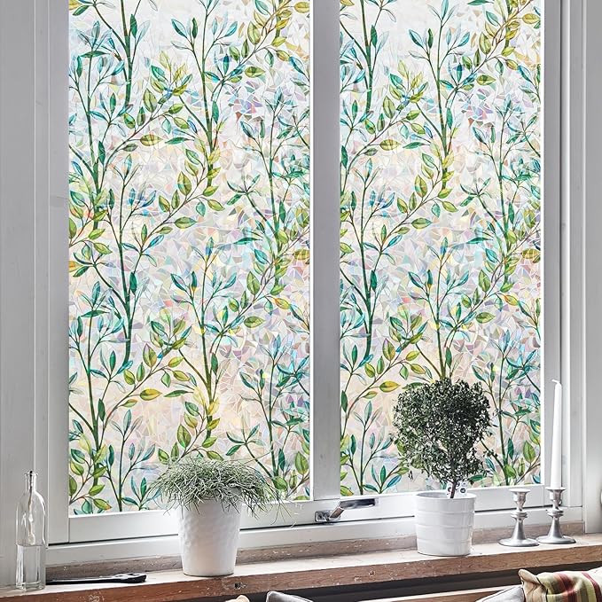 NINETREX Stained Glass Window Film 3D Decorative Cling, Sun Blocking Static Cling Removable Film for Glass Door, Home Decor Window Cover Non-Adhesive 23.6 x 157.4 inches, Leaf