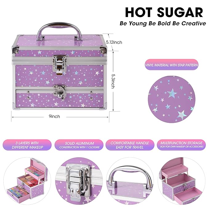 Hot Sugar Makeup Kit for Teens with Train Case, Portable Beginner Makeup Gift Set, Makeup Beauty Kit for Girls (Purple)