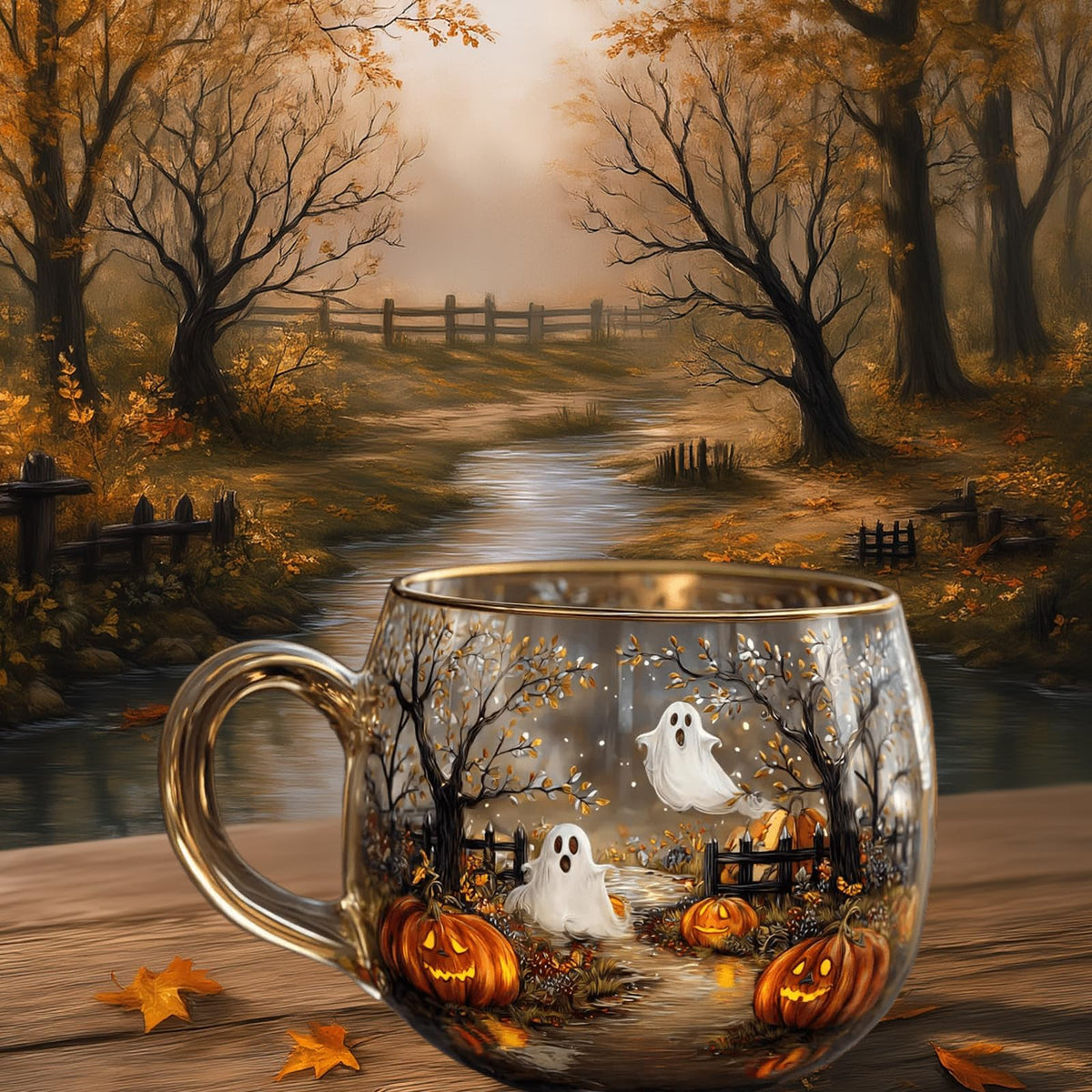 Haunted Path Halloween Mug - Hand Painted Pumpkin and Ghost Design, Spooky Coffee Mug for Halloween Gifts, Fall Decor, Microwave Safe (3.9 * 3.1 inch) (1pcs)