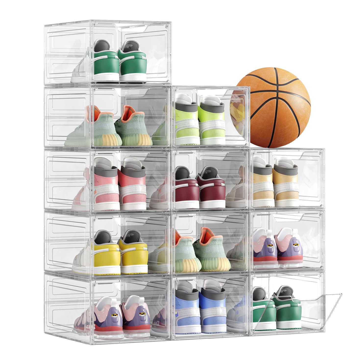 SONGMICS Shoe Boxes, Clear Shoe Organizers, Set of 12, Plastic Shoe Storage with Clear Door, Easy Assembly, up to US Size 13, Transparent White ULSP032W12