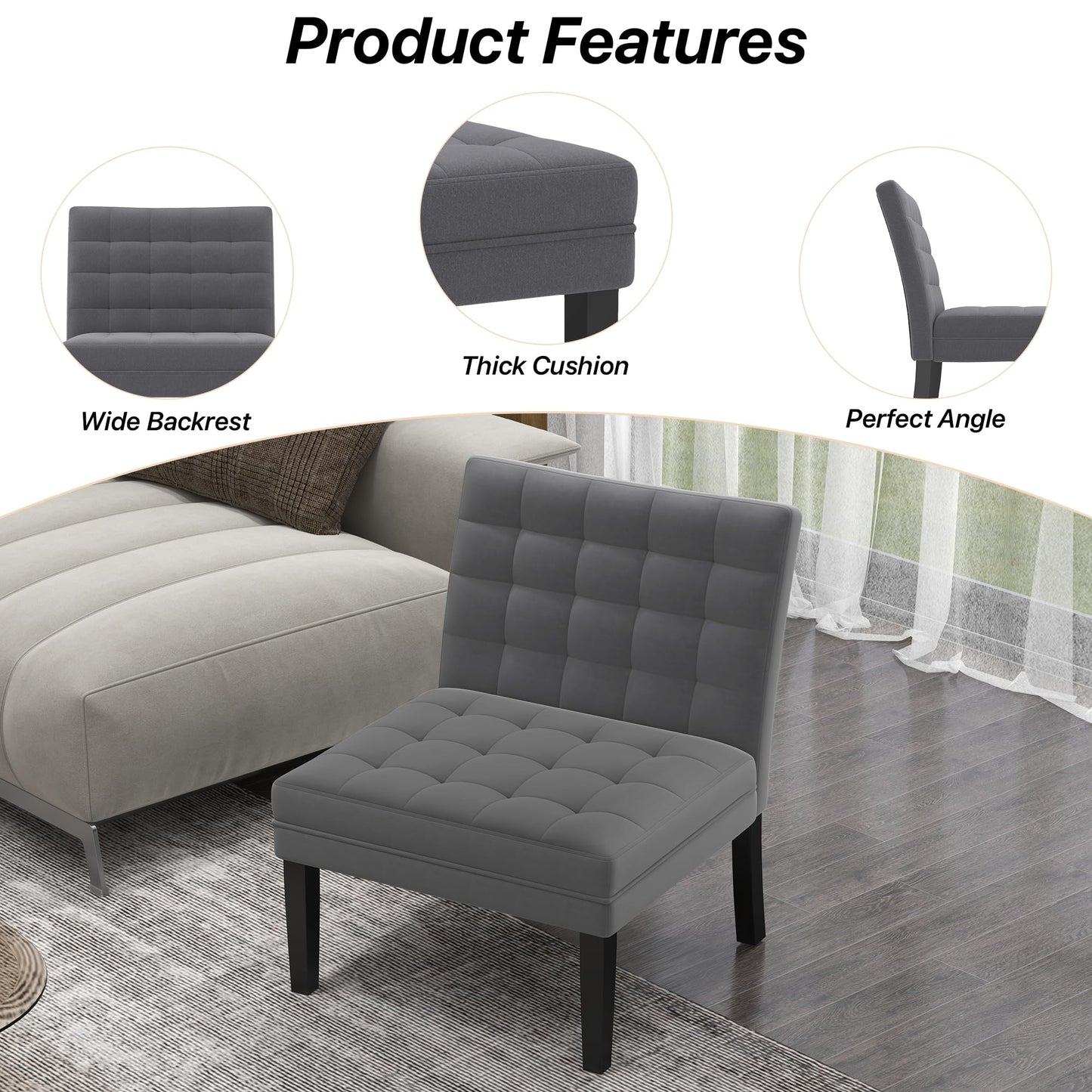 HENGJIANYI Velvet Accent Chair, Upholstered Criss Cross Chair, Wide and Comfy Living Room Chair with Wood Legs, Armless Chair with Button Tufted Back and Seat for Reading Bedroom Waiting Room, Gray