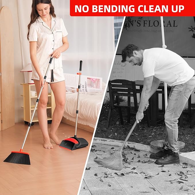 Broom and Dustpan Set, Broom with Dustpan Combo Set 54-in Long Adjustable Handle with Dust Pan Combo Teeth for Home Office Kitchen Lobby Floor Pet Hair Indoor&Outdoor Cleaning