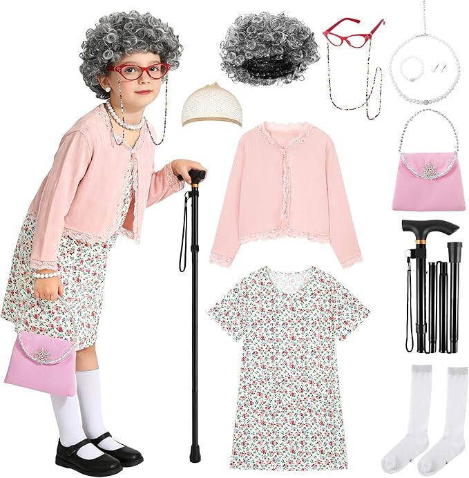 WooHand Old Lady Costume for Kids 100 Day of School Costume for Girls 100th Day of School Dress Up Grandma Wig Cane Outfit