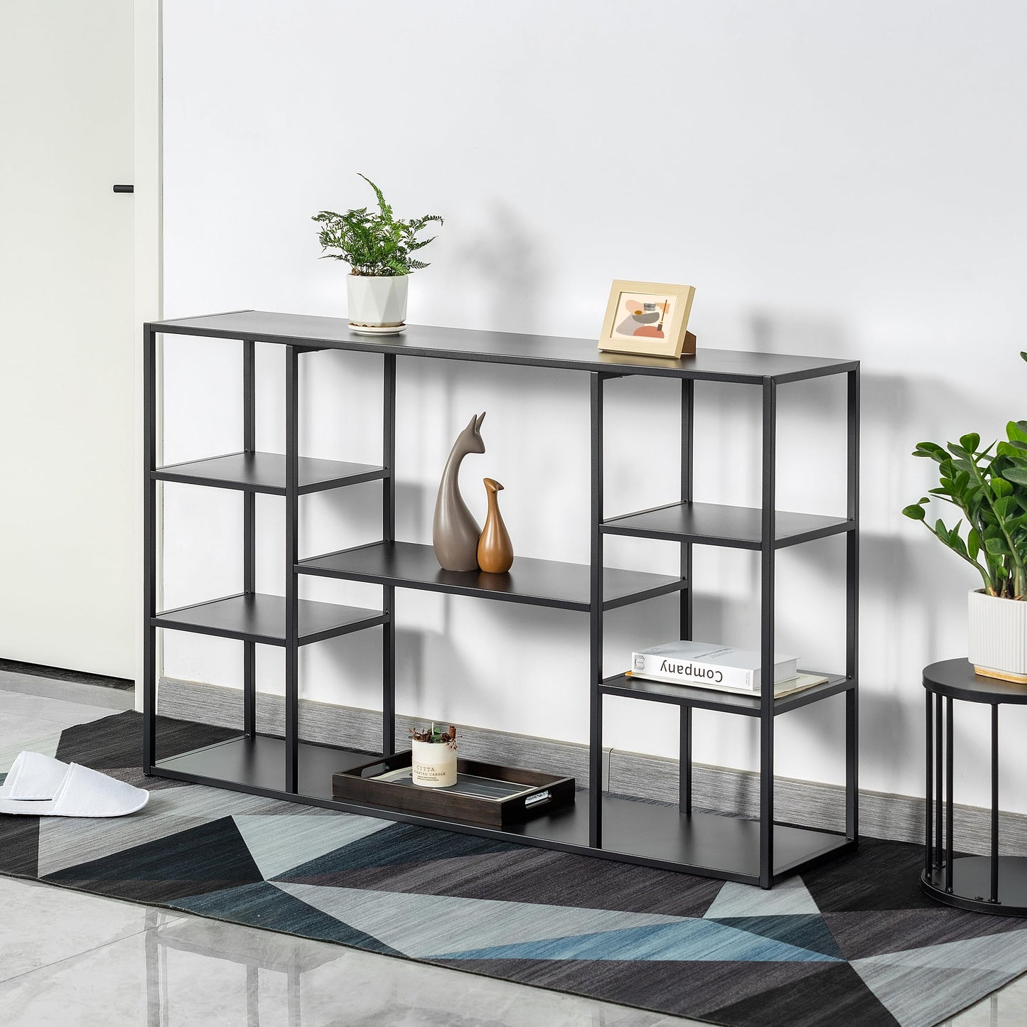 Leinade 47 Inch Metal Console Table with 8 Storage Shelves,Extra Long Entryway Table,Narrow Sofa Table,Hallway Table for Entrances to Corridor,Foyer,Living Room (Black, 47.24×11.81×31.5in)