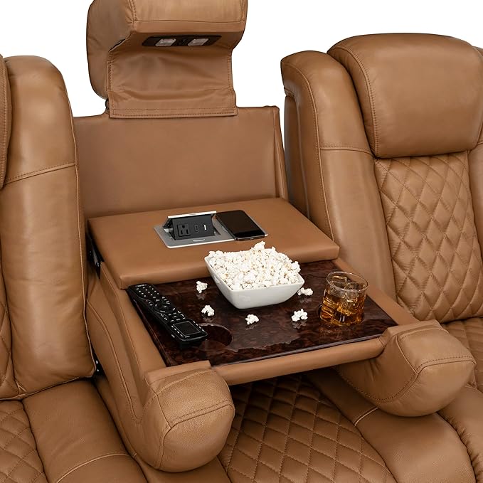 Seatcraft Anthem Italian Leather Sofa w/Fold-Down Table, Living Room, Power Headrest, Power Recline, Tan Oak
