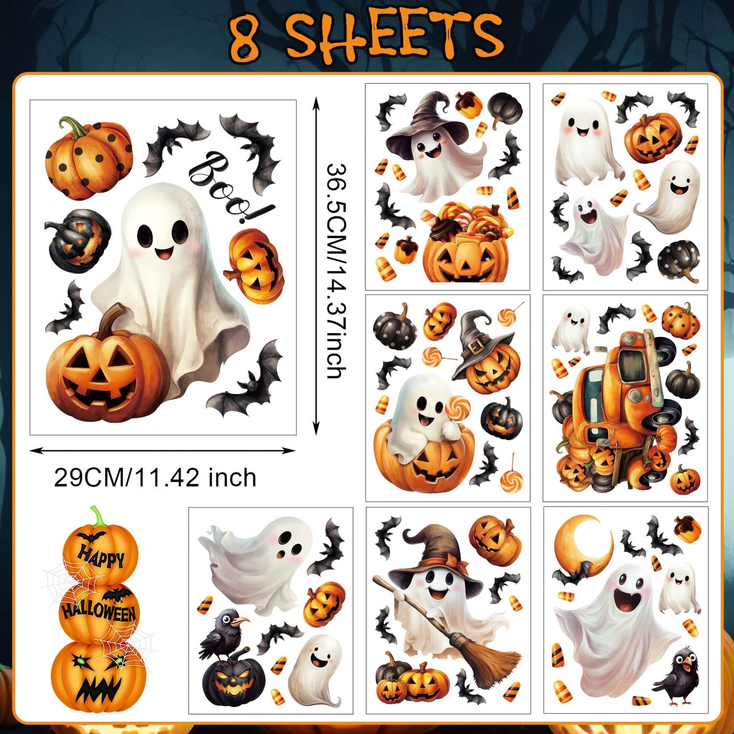 LOMIMOS Halloween Window Cling Sticker,8 Sheet Halloween Window Clings Decals with Ghost Pumpkin for Home Party Office Classroom Supplies Shop Glass Display Decoration