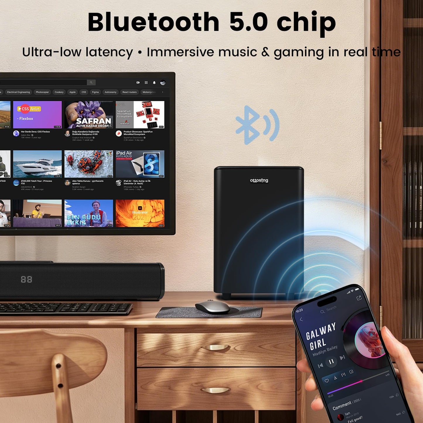 ottosing Bluetooth Soundbar with Wireless Subwoofer,Sound bar with Optical/ARC/AUX and Bluetooth 5.0 Inputs, 2.1 ch Surround Sound System for TV PC Game Music/Movie/News