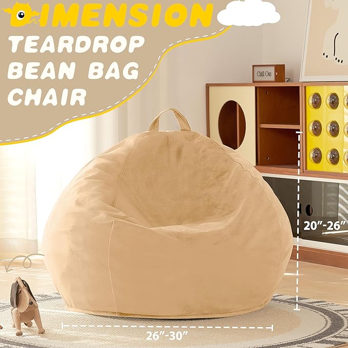 HABUTWAY 2FT Bean Bag Chair, 2' Beanbags Small Bean Bag Chairs with Filling, Teardrop Bean Bag Chair Luxurious Velvet Ultra Soft Fur with Removable Cover(Khaki)