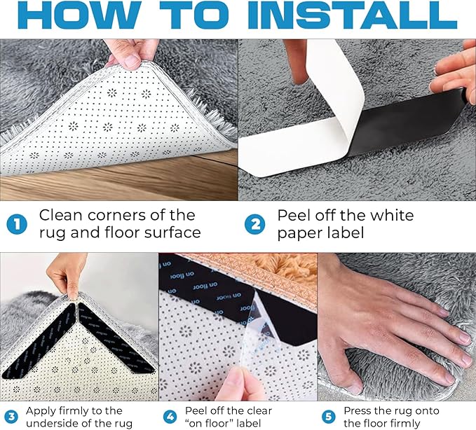 16-Pack Gripper for Rug for Hardwood Floors and Tiles: Double-Sided Reusable Rug Carpet Tape. Anti-Slip Tape Grips Area Rugs, Non-Slip Rug Pads Prevent Sliding, Curling, and Bunching