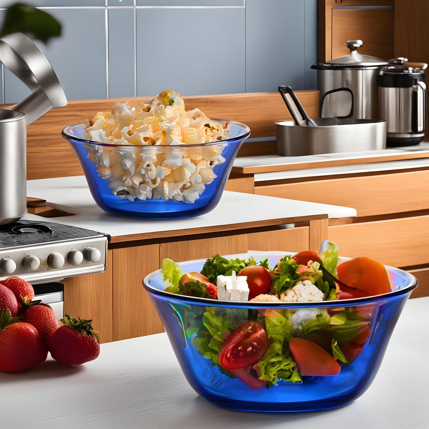 STP GOODS Glass Soup and Salad Bowl with Handles, Cobalt Transparent Glass Eating Plates, Circular Dinnerware for Salad, Bread, Dinner (Blue 2 pcs)