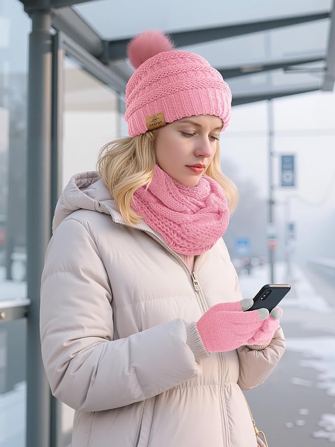 URATOT 4-In-1 Winter Warm Sets Knitted Scarf Touch Screen Gloves Beanie Pompom Hat and Winter Ear Warmer for Men or Women