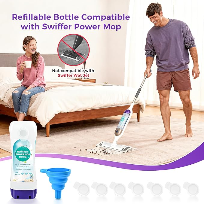 Refillable Bottle for Swiffer Power Mop – 720ML / 24 FL.OZ Leak-Proof HDPE Cleaner Solution Refill Bottle with 7 Silicone Gaskets & 1 Funnel, Easy Install for Use with Any Cleaning Solution